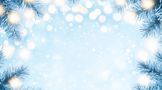Christmas winter background with snow-covered fir branches and lights. Festive blue holiday frame with bokeh and falling snow. New Year celebration backdrop with copy space