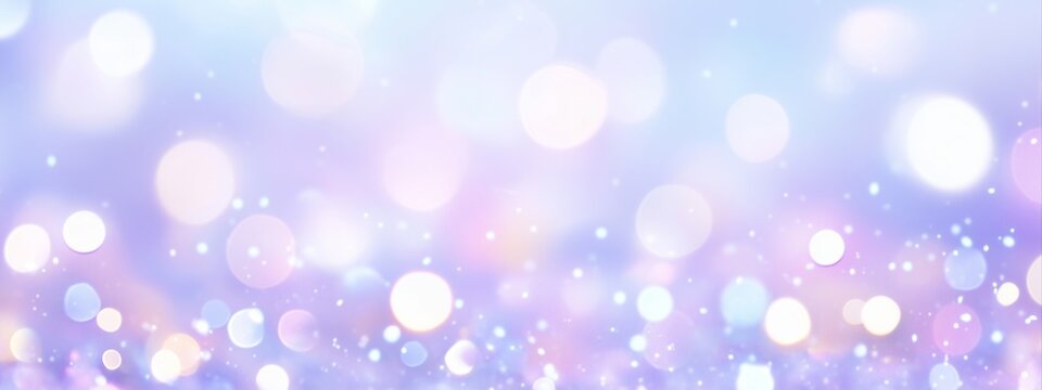 Soft purple and blue bokeh background with sparkling lights. Abstract festive glitter for holiday or celebration concepts. Wide panoramic banner - Powered by Adobe