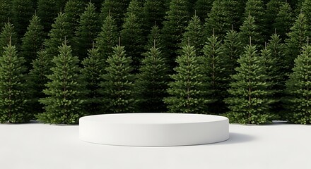 Clean white podium set against a backdrop of lush evergreen trees in a serene forest setting.