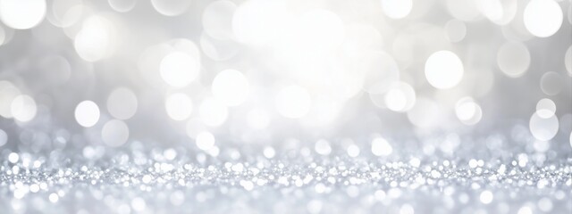 Abstract silver glitter background with sparkling texture. Defocused bokeh for a festive holiday feel. Christmas and New Year's Eve celebration banner