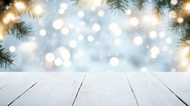 Winter christmas background with snow on a white wooden table. Festive scene with blurred bokeh lights and evergreen branches. Empty product display tabletop