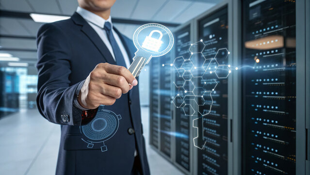 Professional IT expert holds a digital key symbolizing cybersecurity in a modern data center during business hours