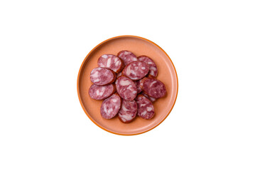 Smoked salami, thin beef or pork sausage, meat snacks. Salami sausage