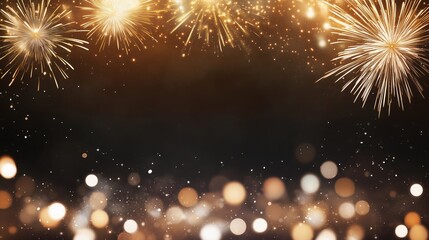 Fototapeta premium Golden fireworks exploding on a dark festive background. New Year's Eve celebration with sparkling bokeh lights and copy space