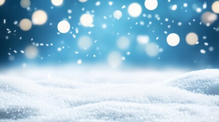 Winter snow background with falling snowflakes. Festive christmas scene with blue bokeh lights. Holiday season backdrop