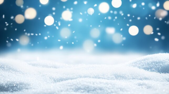 Winter snow background with falling snowflakes. Festive christmas scene with blue bokeh lights. Holiday season backdrop
