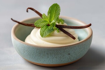 white chocolate mousse expertly piped into beautiful sage green ceramic bowl creating smooth creamy swirls garnished with fresh mint leaves aromatic vanilla pods showcasing sophisticated gourmet