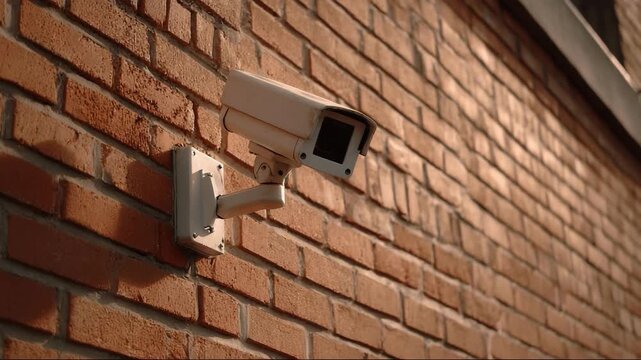Surveillance camera mounted on brick wall for security monitoring  