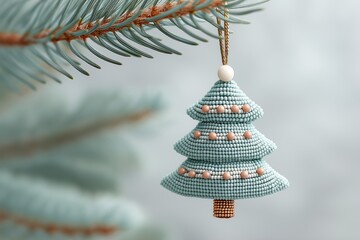 beaded Christmas tree ornament hanging delicately fresh pine evergreen branch featuring charming pastel blue turquoise aqua beads adorned soft peach coral accents