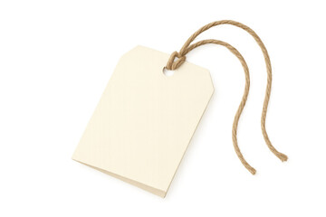 Blank tag with string, white paper label empty for text, shopping price or information card, transparent background