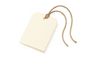 Blank tag with string, white paper label empty for text, shopping price or information card, transparent background
