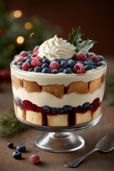 Christmas trifle dessert beautifully presented, glass bowl pedestal stand featuring gorgeous layered composition
