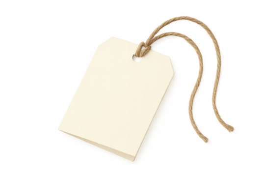 Blank tag with string, white paper label empty for text, shopping price or information card, transparent background