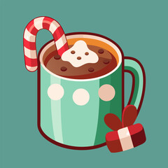 Cozy hot chocolate mug with marshmallows and candy cane illustration
