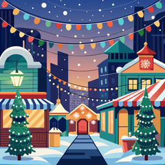 Modern city street decorated with festive christmas lights