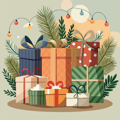 Festive christmas presents tied with elegant ribbons