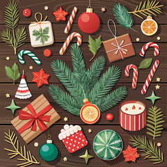 Christmas decorations and gifts flat lay arrangement