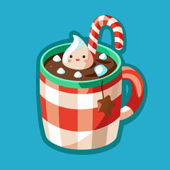Cozy hot chocolate mug with marshmallows and candy cane