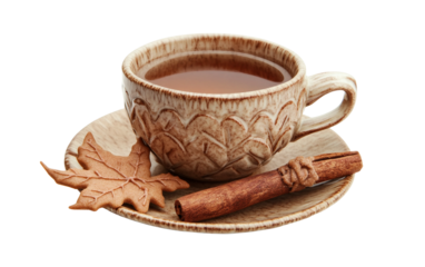 Artistic autumn scene featuring warm spiced tea and seasonal leaf-shaped cookies on a tabletop isolated on transparent background PNG