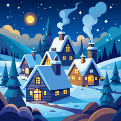 Charming snow covered winter village with warm glowing windows