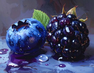 Captivating close-up of a vibrant blueberry and juicy blackberry with dew drops