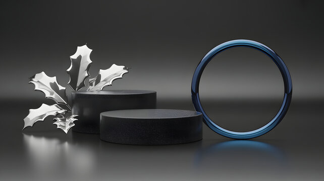 Minimalist Display with Silver Holly and Blue Ring on Dark Background