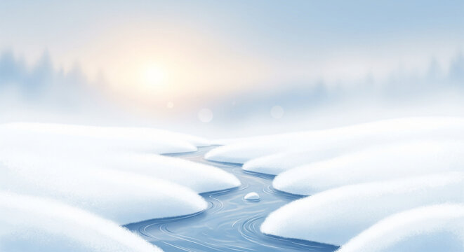 small river in the frozen snow