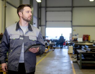 Engineer Monitoring Production Using Tablet in Metal Components Factory