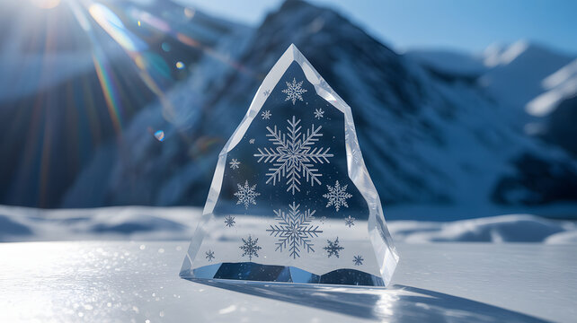 Crystal Snowflake Prism on Snowy Mountain Background with Sun Flares