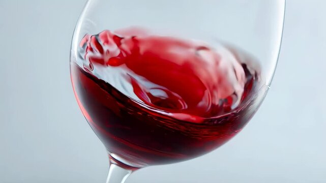 Red wine splashing and swirling beautifully in a clear glass. Liquid beverage wave for celebration concept. Alcohol drink.