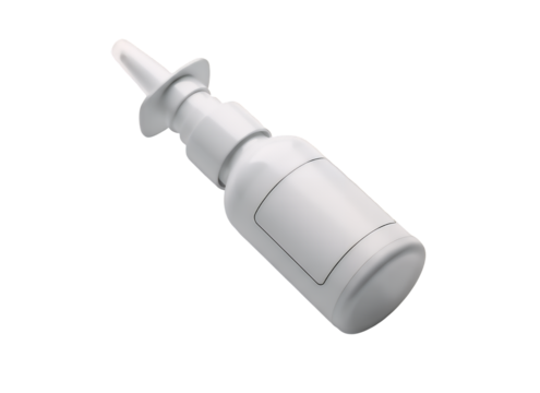 Blank white plastic nasal spray bottle, commonly used for medication delivery, allergy relief, or decongestant purposes, presented with a modern design and isolated on a clean transparent background