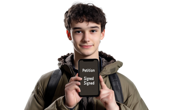 Motivational youth moment emphasizing participation in social causes using mobile technology isolated on transparent background PNG - Powered by Adobe