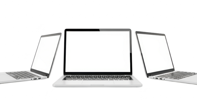 Three modern silver laptops with blank white screens isolated