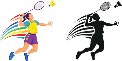 Badminton players in action a colorful illustration and its black silhouette © msunny93