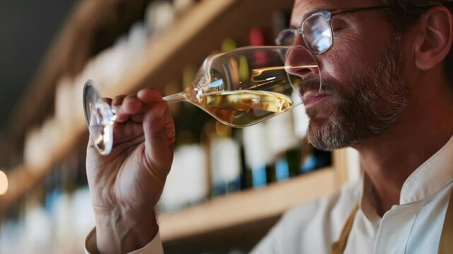 Male sommelier smelling aroma of white wine in glass. Expert wine taster analyzing drink for quality. Culinary art and fine dining.