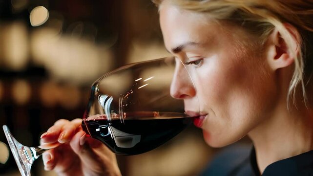 Woman smelling red wine in glass discovering rich aroma. Wine tasting experience in elegant restaurant or sommelier school.