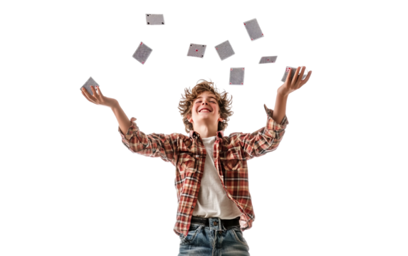 Artistic depiction of a teen entertainer executing card tricks with flair and playful energy isolated on transparent background PNG