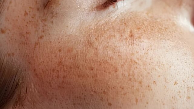A close up of a caucasian woman&rsquo;s face with freckles and closed eye, emphasizing natural skin texture and beauty care concept.