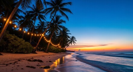 Fototapeta premium Beach sunset with palm trees and string lights
