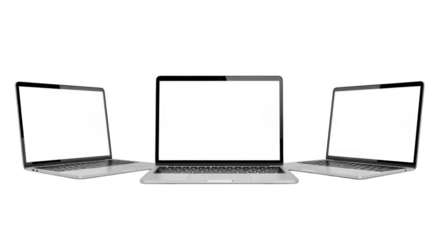 Three modern silver laptops with blank screens technology concept