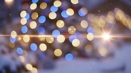 Majestic Christmas tree with blue and yellow lights standing tall amidst snow covered ground, capturing the serene essence of winter wonderlands perfect for festive gatherings, family traditions.