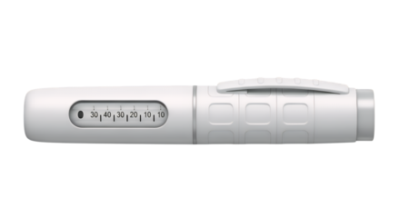 Sleek modern white medical auto-injector pen, showcasing its dosage display for precise medication delivery, isolated on a clean transparent background
