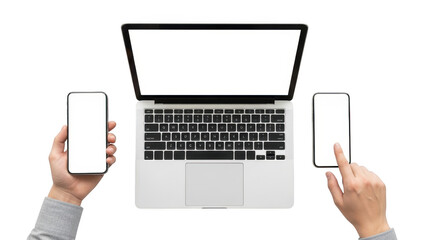 Laptop and two mobile phones with blank screens for digital content