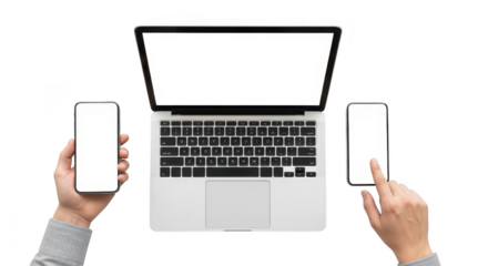 Laptop and two mobile phones with blank screens for digital content