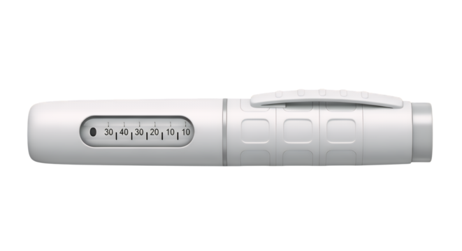 Sleek modern white medical auto-injector pen, showcasing its dosage display for precise medication delivery, isolated on a clean transparent background