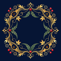 Decorative golden frame with red berries and green leaves art