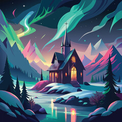 Northern Lights Over Church Near Mountains and River Landscape Art