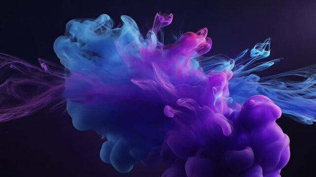 Mesmerizing swirl of purple and blue ink floats effortlessly on a black background, surrounded by wispy tendrils of smoke that evoke creativity and innovation, capturing the concept of artistic.