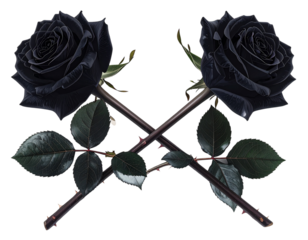  Two Black Roses Crossed in an X Shape, Stems and Leaves Visible, Transparent PNG