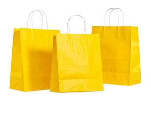  Floating Trio of Yellow Shopping Bags, Minimalist Composition, Transparent Background.
